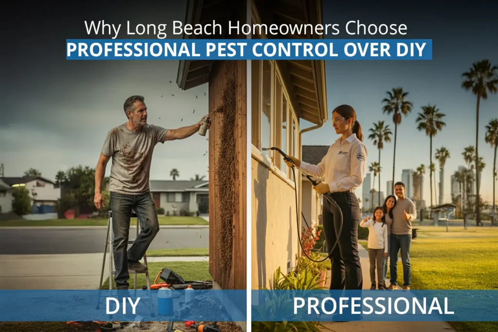 Eco-friendly pest control equipment outside a Long Beach coastal home, with a bottom-aligned heading reading ‘Long Beach Pest Control’.