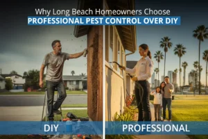 Eco-friendly pest control equipment outside a Long Beach coastal home, with a bottom-aligned heading reading ‘Long Beach Pest Control’.