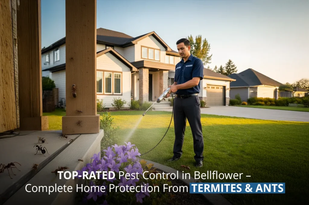 Pest control technician servicing Bellflower home exterior