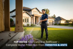 Pest control technician servicing Bellflower home exterior