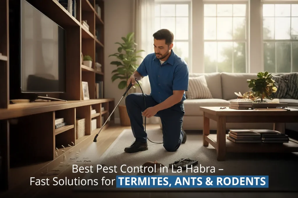 Licensed pest control expert providing termite treatment at a La Habra home