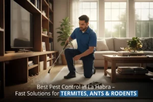 Licensed pest control expert providing termite treatment at a La Habra home