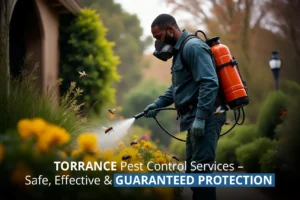 Professional pest control technician treating a Torrance, CA home for termite prevention