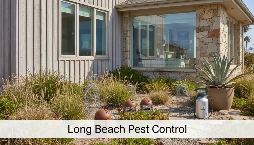 Eco-friendly pest control equipment outside a Long Beach coastal home, with a bottom-aligned heading reading ‘Long Beach Pest Control’.