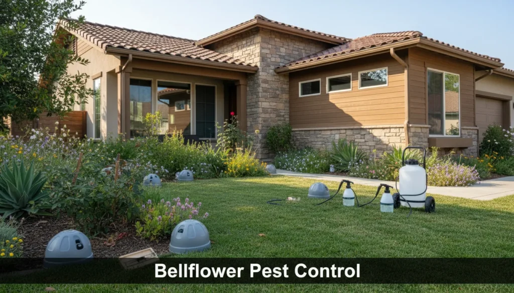 Pest control technician servicing Bellflower home exterior