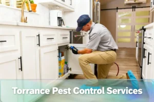 Professional pest control technician treating a Torrance, CA home for termite prevention