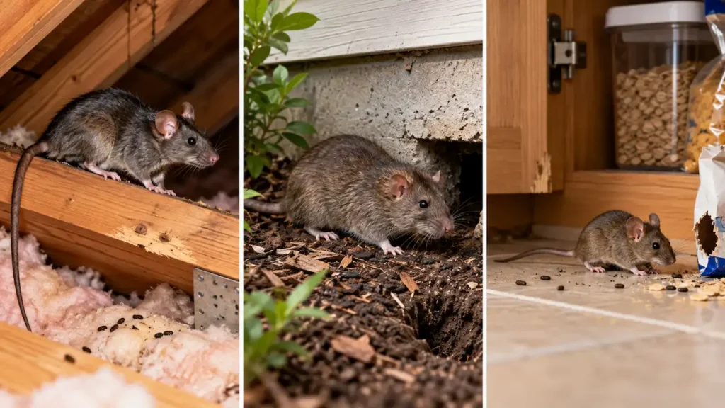 Best rodent control tips showing roof rats in an attic, Norway rats near a home foundation, and house mice inside a kitchen. Copy Alt Text