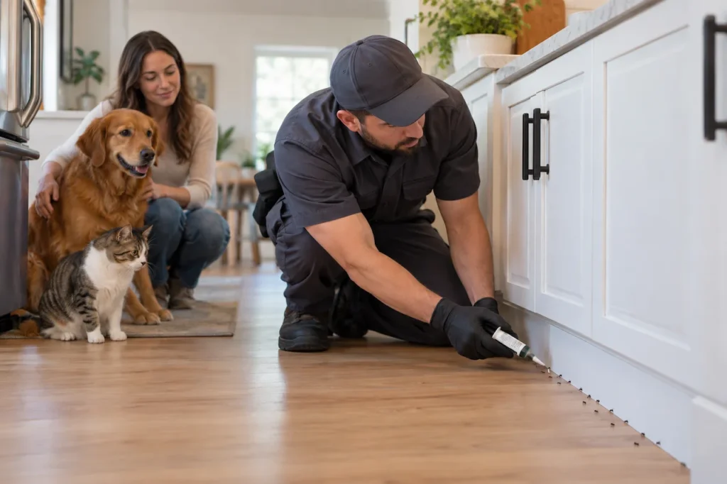 Pest control technician applying pet-safe ant treatment in a kitchen while a dog and cat stay nearby with their owner.