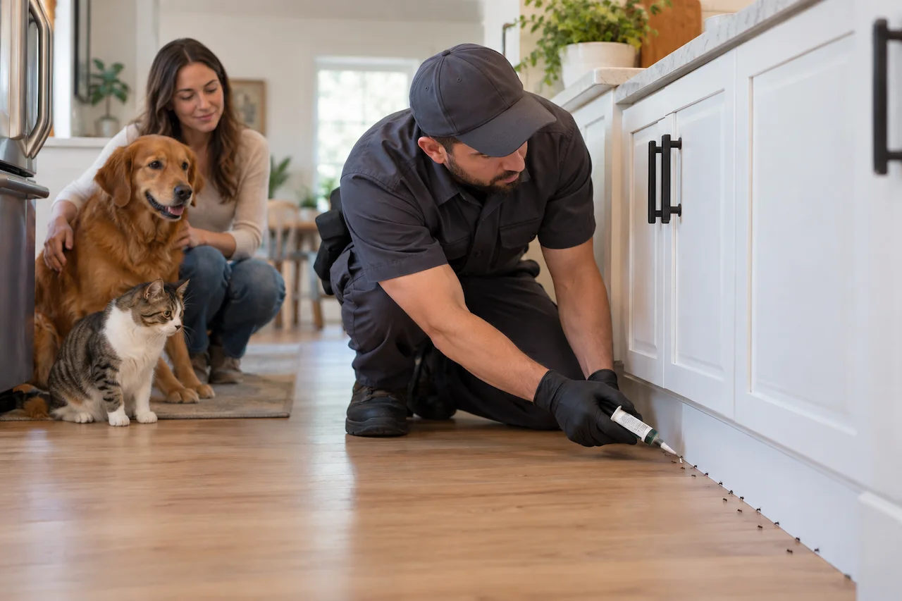 Pest control technician applying pet-safe ant treatment in a kitchen while a dog and cat stay nearby with their owner.