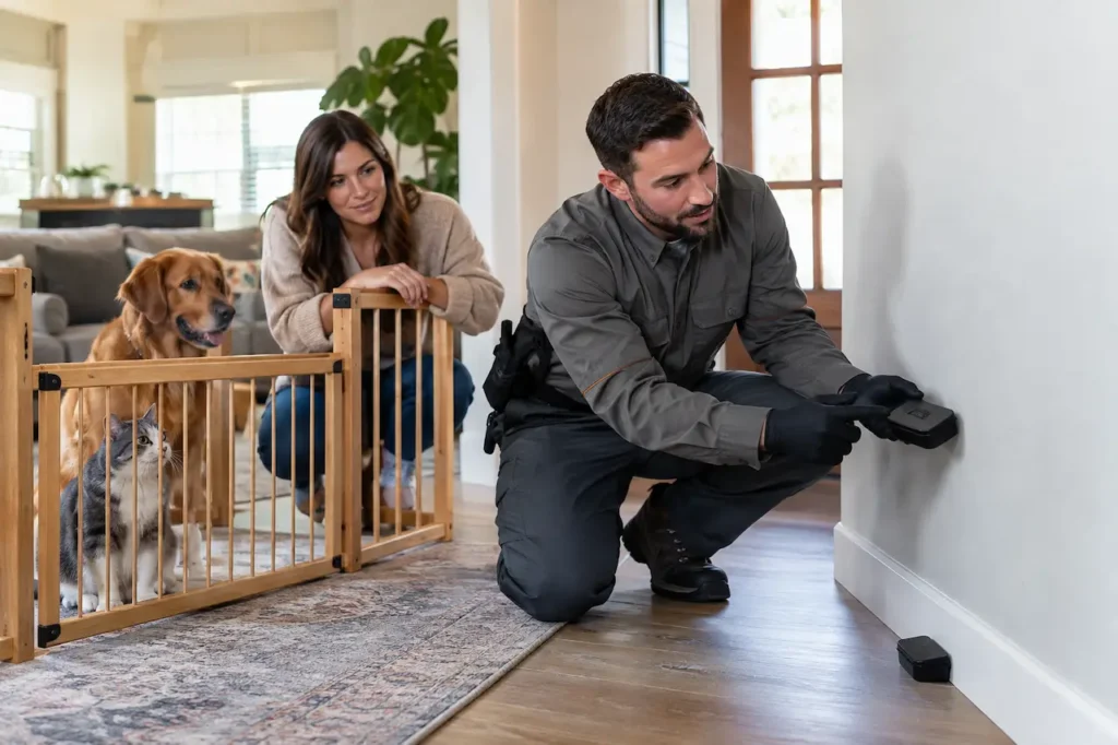 Pest control technician placing a targeted ant bait station while a dog and cat stay behind a safety gate.