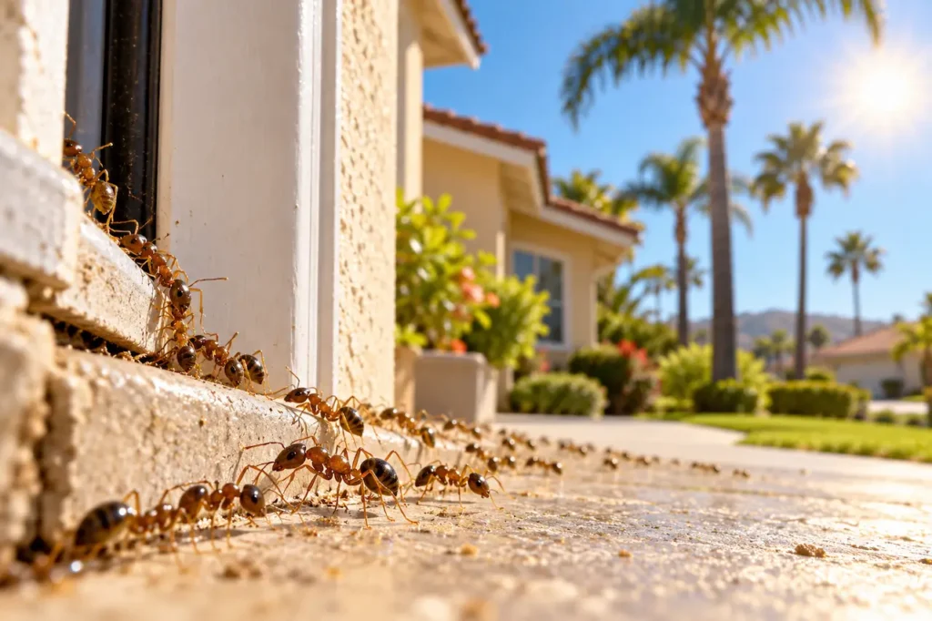 Argentine ants entering a Southern California home through an exterior wall crack during summer.