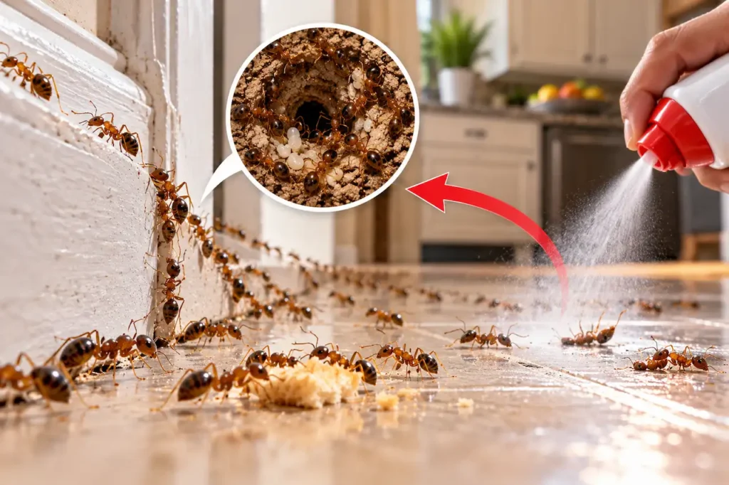 Argentine ants returning along a kitchen floor after pesticide spraying, with a hidden ant colony shown.