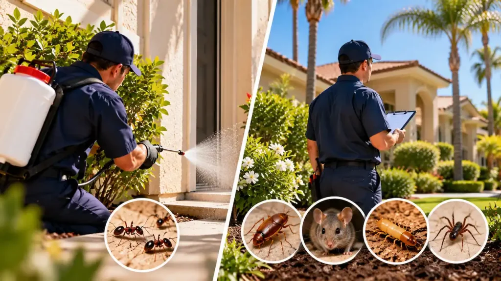 Pest control technicians performing one-time treatment and routine pest inspections outside Southern California homes.