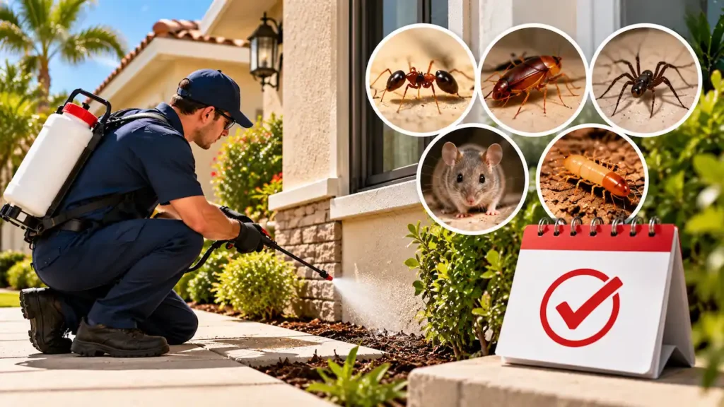 Professional pest control technician applying a one-time exterior treatment around a Southern California home.