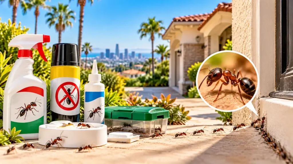 Ant control sprays, bait stations, and gel bait placed outside a Southern California home with ants near the entrance.