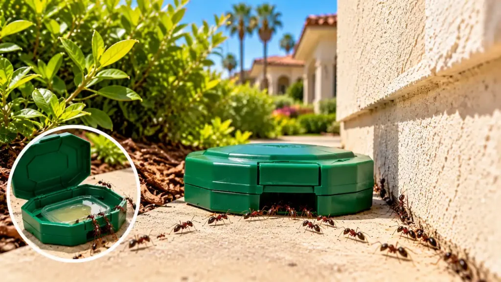 Green outdoor refillable ant bait station with ants entering the bait container beside a Southern California home's exterior wall.