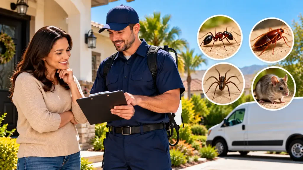 Professional pest control technician discussing an inspection report with a homeowner outside a Southern California home.