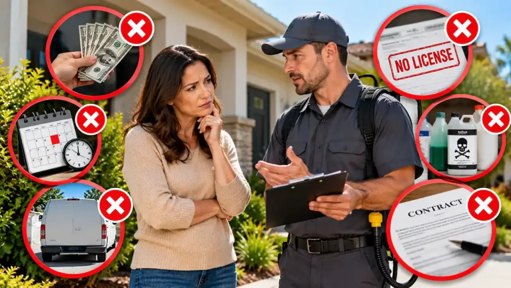 Concerned homeowner speaking with a pest control technician, surrounded by warning signs of an unreliable exterminator.