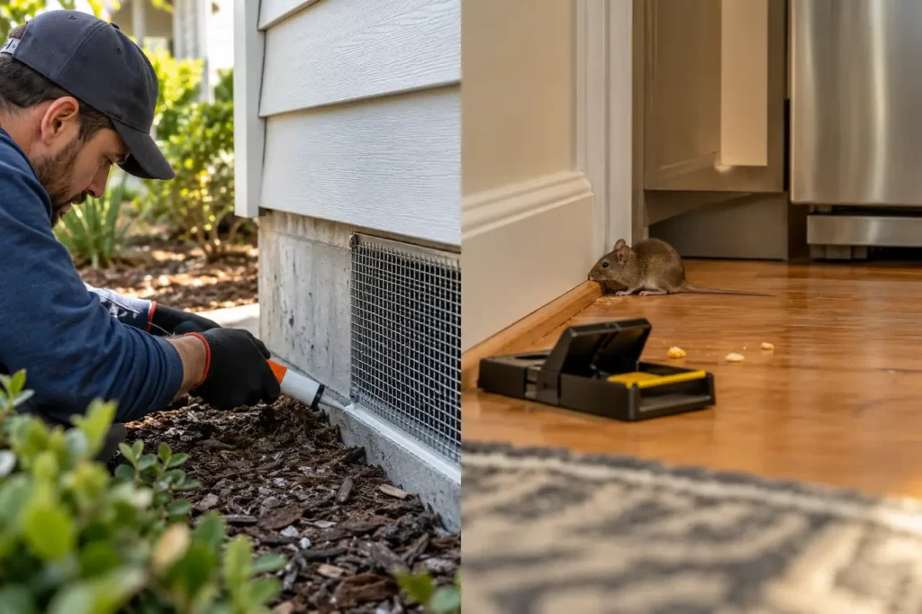Pest control technician sealing rodent entry points outside a home while a mouse trap is placed indoors for rodent control.