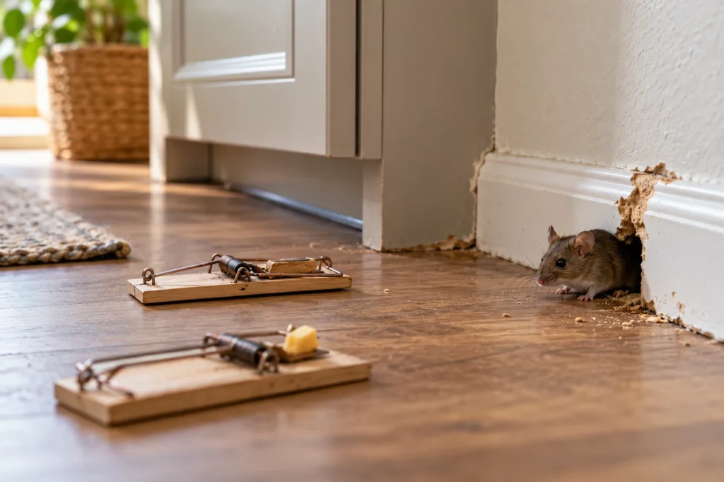 Rodent proofing vs trapping: Mouse entering through a damaged wall baseboard near mousetraps, showing why trapping alone cannot stop recurring rodent infestations.