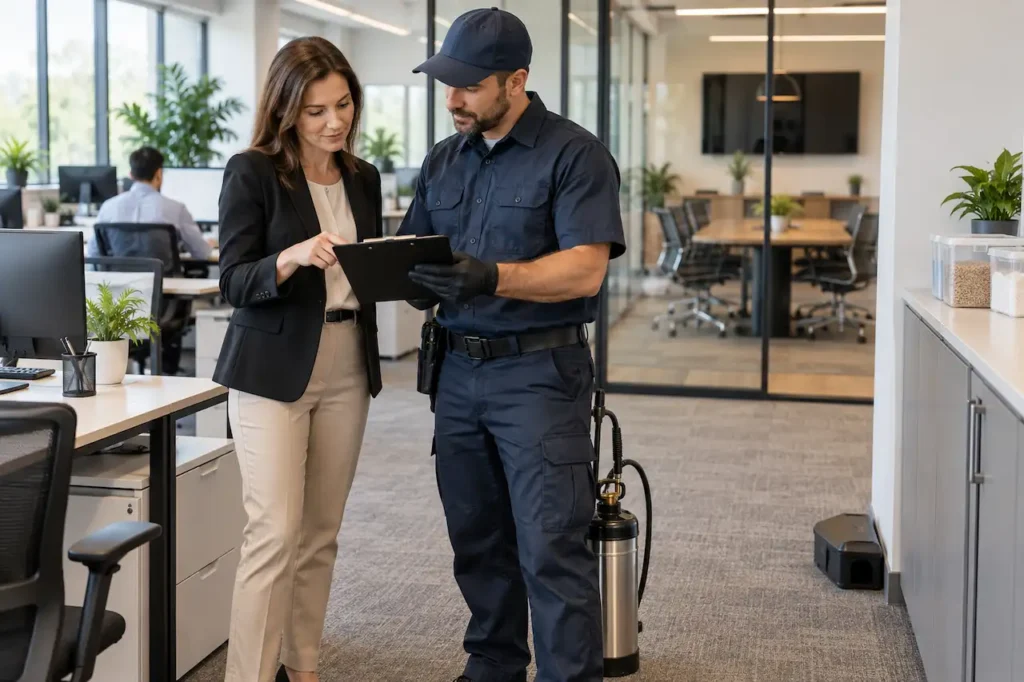 Best pest control for offices: Professional pest control technician discussing an office pest inspection and prevention plan with a business owner.