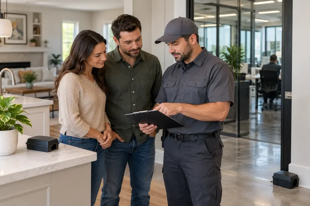 How to choose the best pest control plan for your home or business, with a professional pest control technician discussing treatment options with property owners.