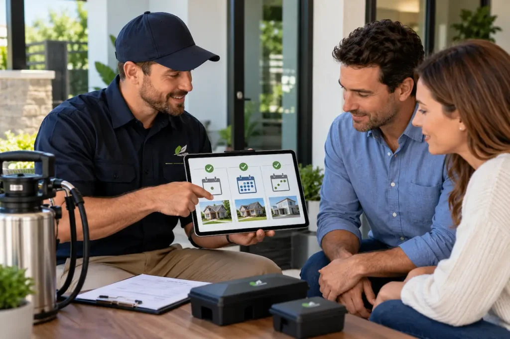 Best pest control plan comparison showing a professional technician explaining one-time, monthly, and quarterly pest control options to homeowners.