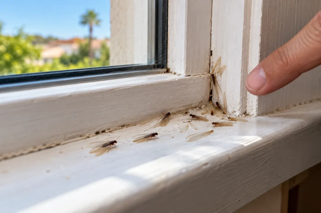 How to identify termite swarmers by spotting winged termites and discarded wings on a windowsill in a Southern California home.
