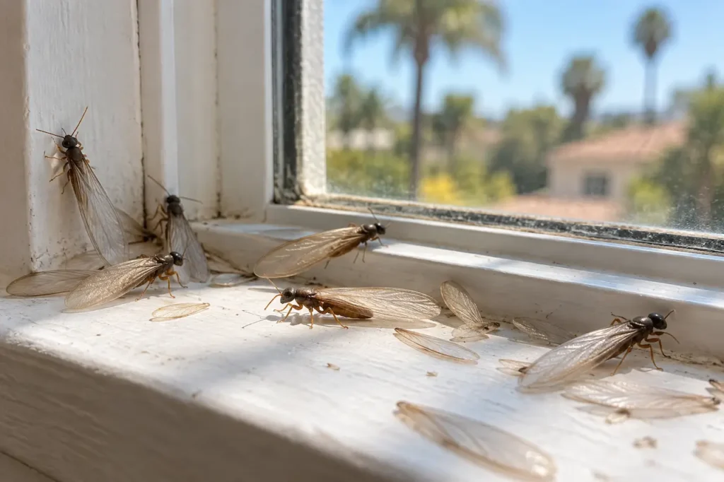 How to identify termite swarmers by spotting winged termites and discarded wings on an indoor windowsill.