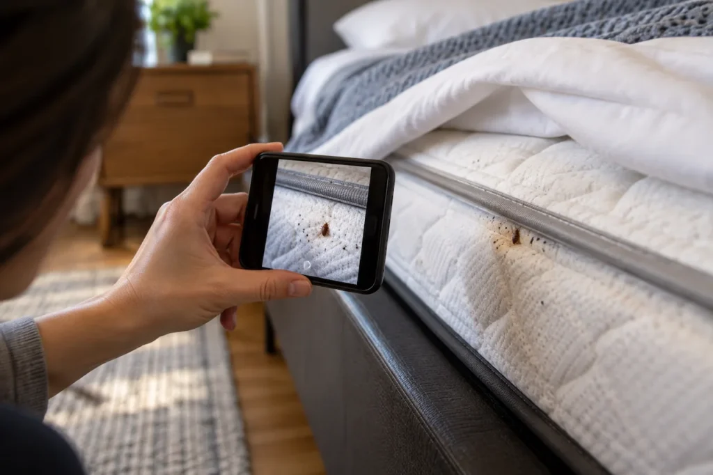 Apartment renter documenting bed bug evidence on a mattress seam with a smartphone before reporting the issue to management.