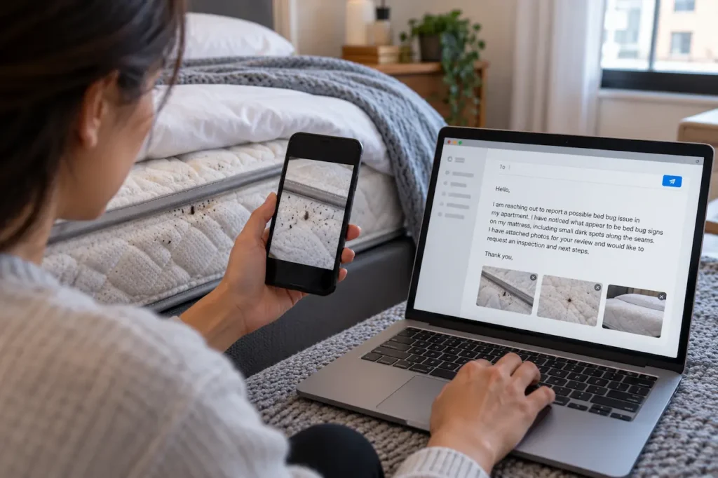 Apartment bed bug reporting guide showing a California renter emailing their landlord with photos of suspected bed bug evidence.