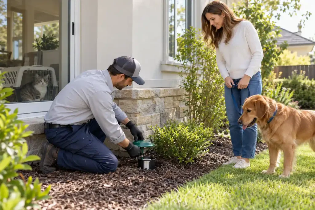 Pest control technician installing a termite bait station outside a home while a homeowner keeps her dog nearby and a cat stays indoors.
