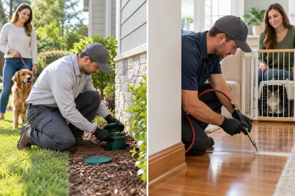 Comparison of outdoor termite bait station installation and indoor termite treatment with dogs and cats kept away from treatment areas.