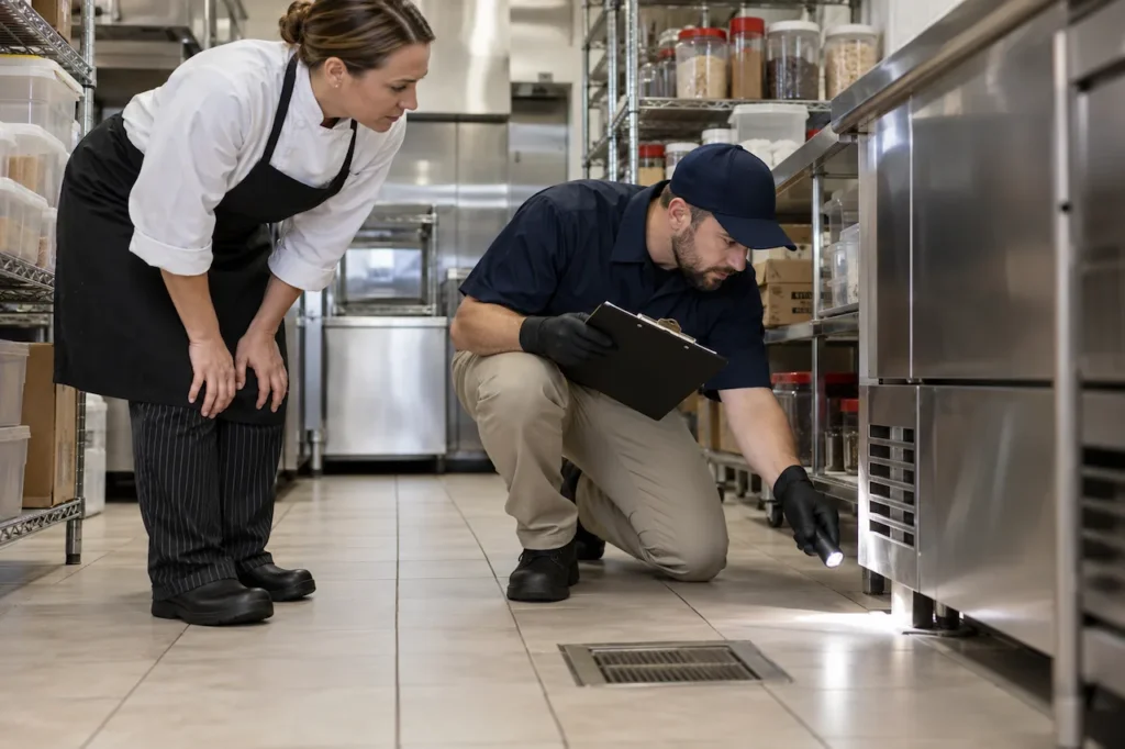 Professional pest control inspector checking for pest activity under commercial kitchen equipment while a restaurant chef observes.