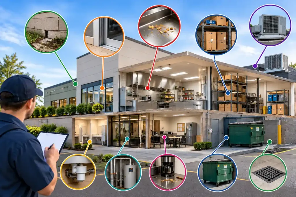 Commercial pest inspection checklist showing 10 key areas, including kitchens, storage rooms, entry points, drains, and waste disposal areas.