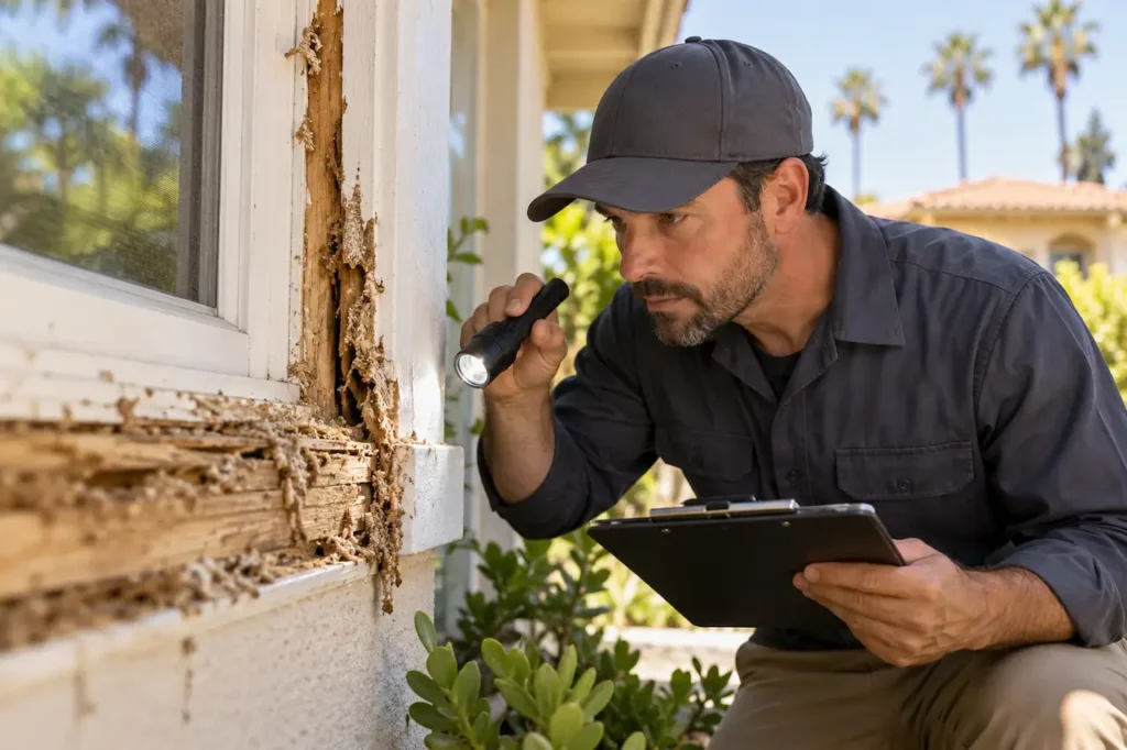 Pest control inspector examining termite-damaged wooden window frame with a flashlight during a Los Angeles termite inspection