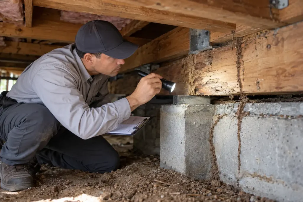 Professional termite inspector examining wooden beams and foundation for termite damage beneath a Los Angeles home