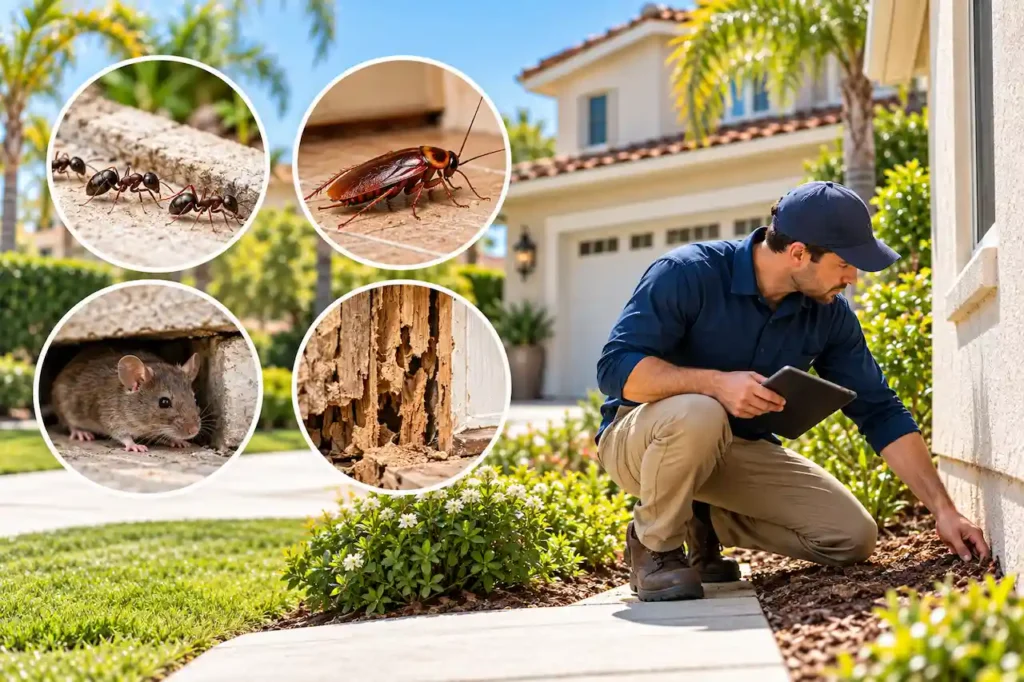 Pest control technician inspecting a residential home for ants, cockroaches, rodents, and termite damage.