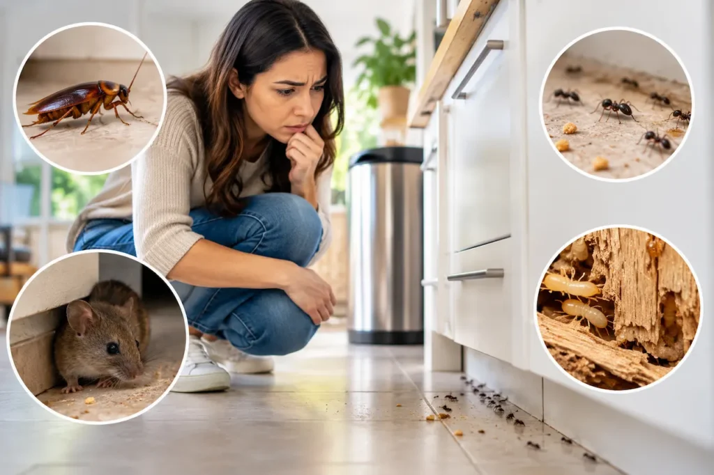 Homeowner inspecting ants in the kitchen with images of cockroaches, rodents, and termites showing common household pest problems.