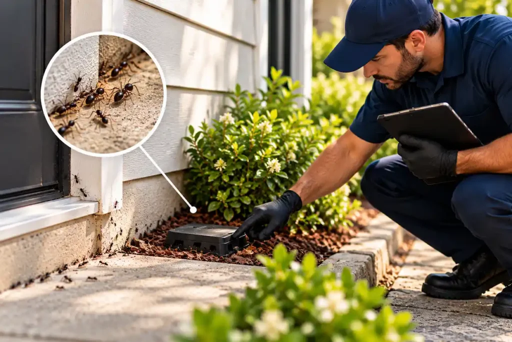 Pest control technician inspecting an outdoor ant bait station and monitoring ant activity along a home foundation during a follow-up visit.