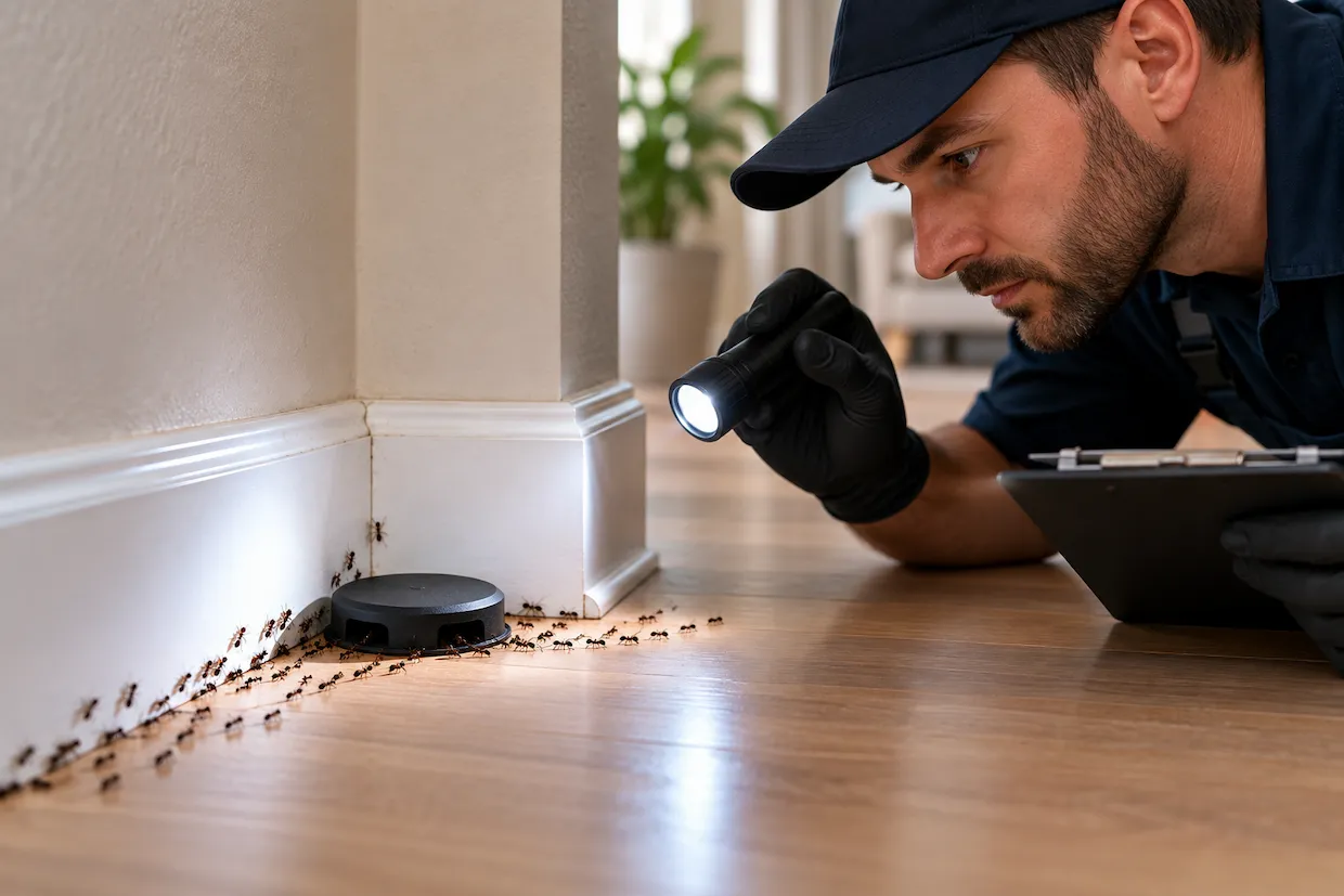 Pest control technician inspecting an ant trail along a home baseboard with a flashlight to identify nesting and entry points.