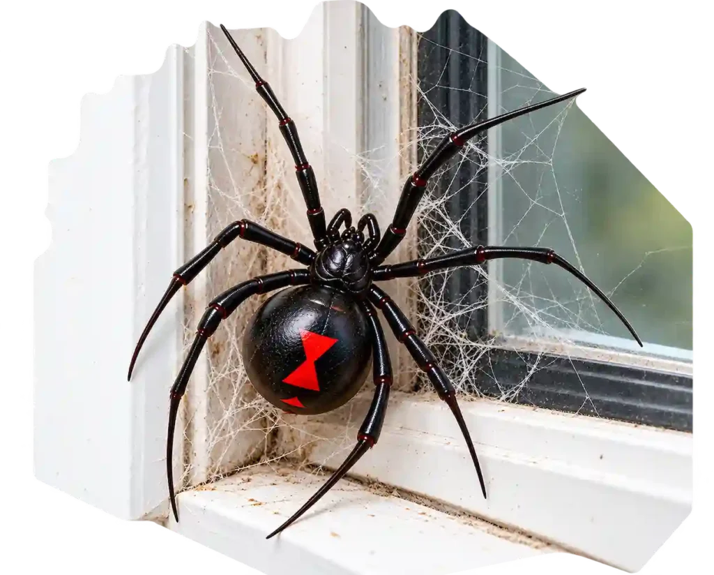 Black widow spider near a residential window frame