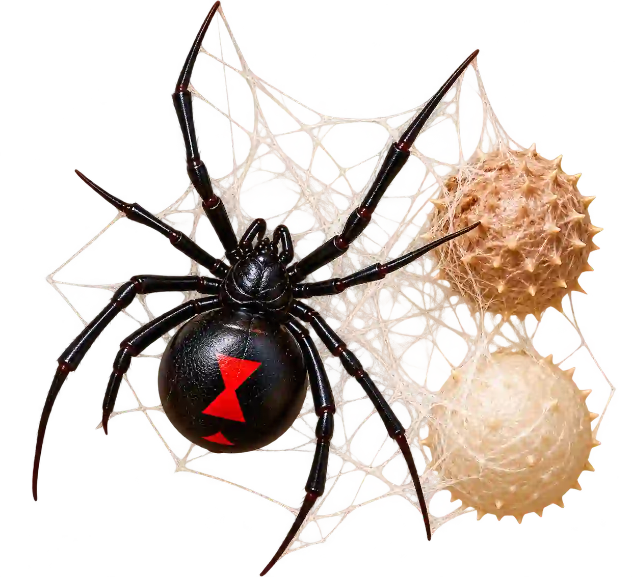 Black widow spider with a red hourglass marking resting in a tangled web beside two textured egg sacs.