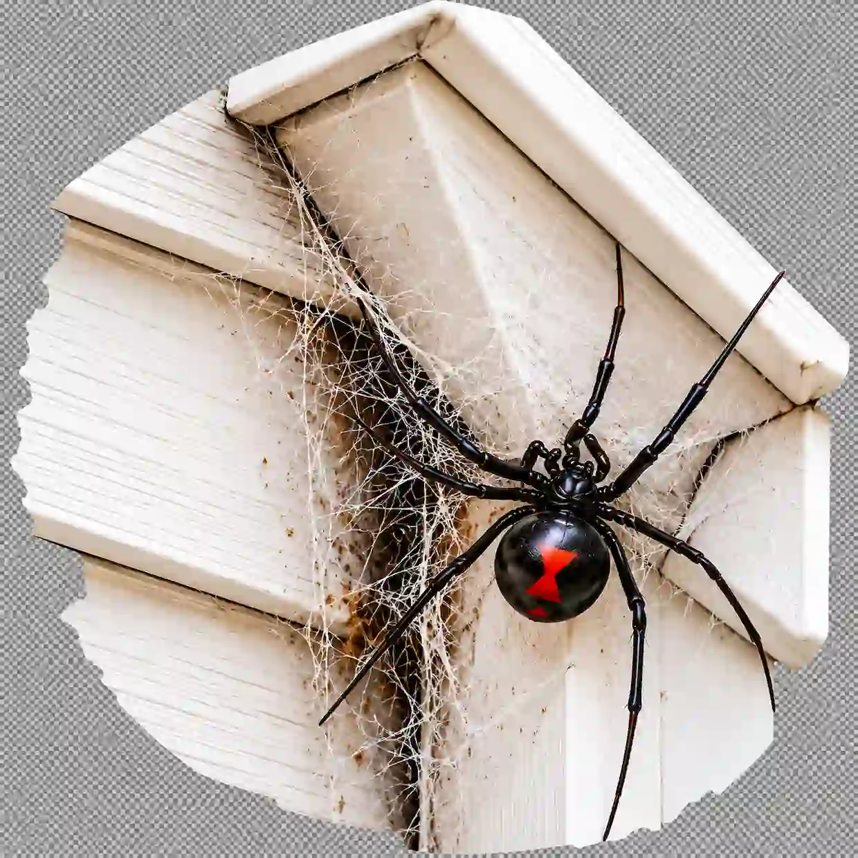 Black widow spider resting in dense webbing along an exterior siding and eave corner, with its red hourglass marking clearly visible.