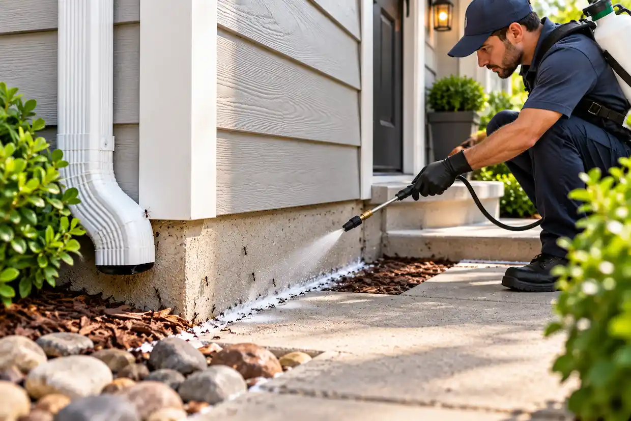 Pest control technician treating exterior foundation lines, door thresholds, and entry points to create a protective barrier against ants entering the home.