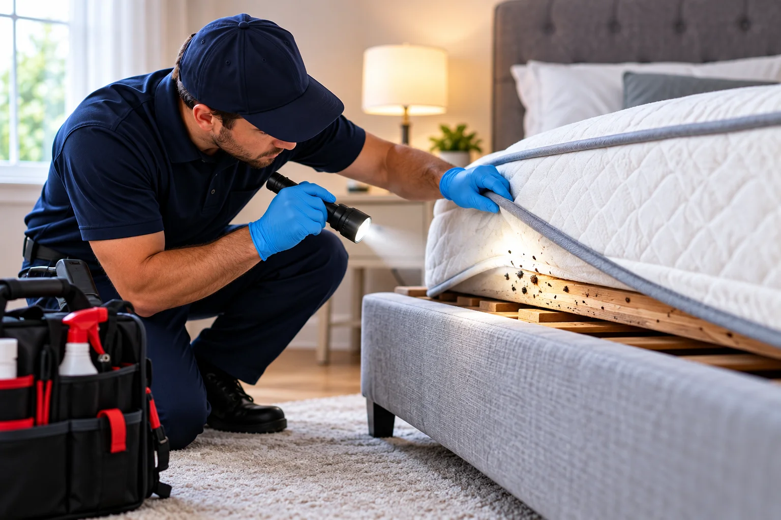 Pest control technician inspecting a mattress and bed frame with a flashlight to identify signs of bed bug activity and determine the extent of the infestation.