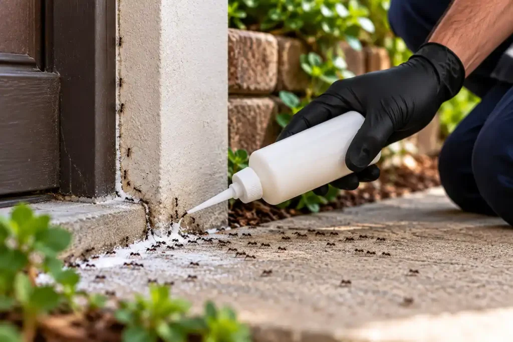 Pest control technician applying targeted ant bait along a foundation and doorway entry point to treat an active ant trail and colony.