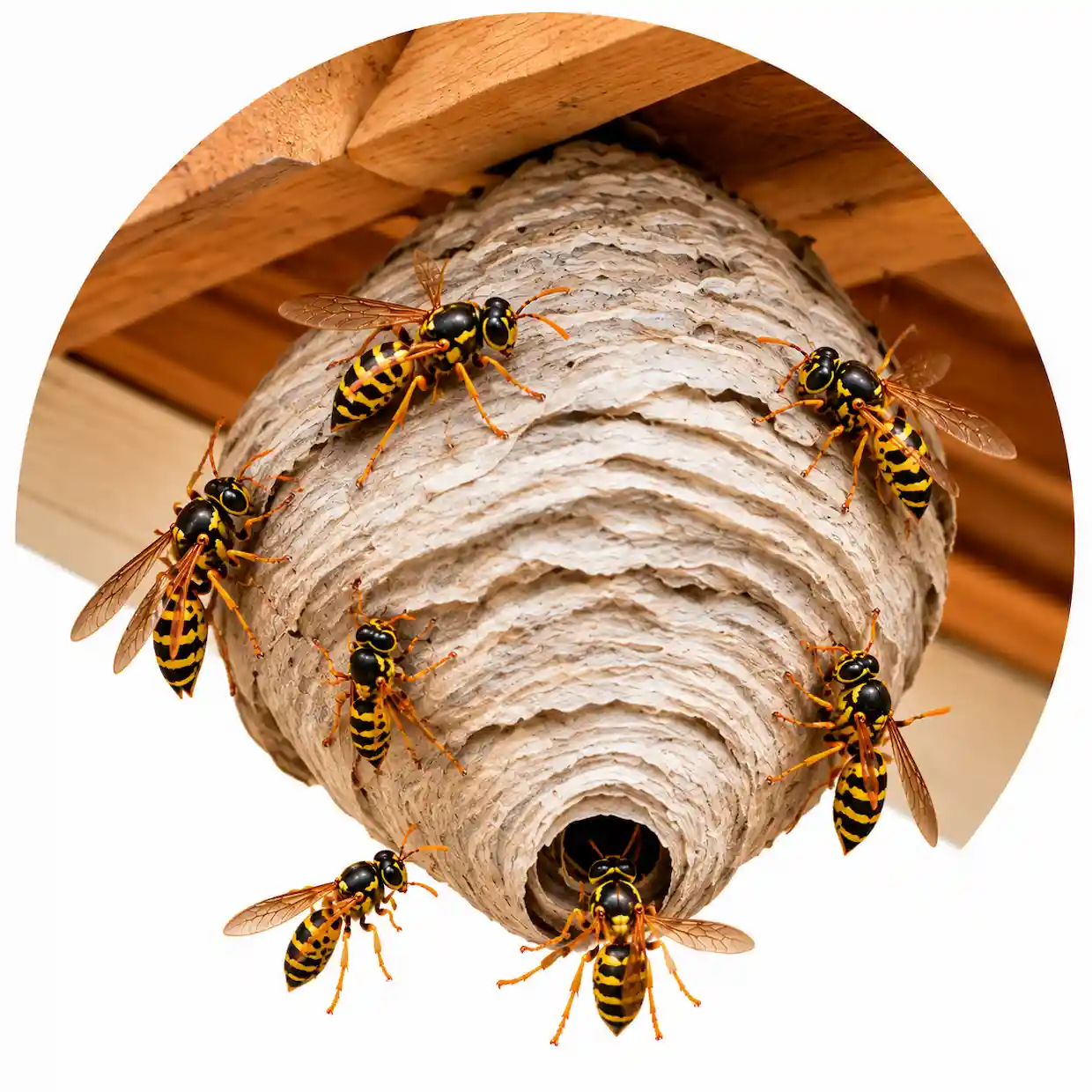 Visible paper wasp nest attached beneath wooden roof eaves with multiple wasps gathering around the nest entrance.