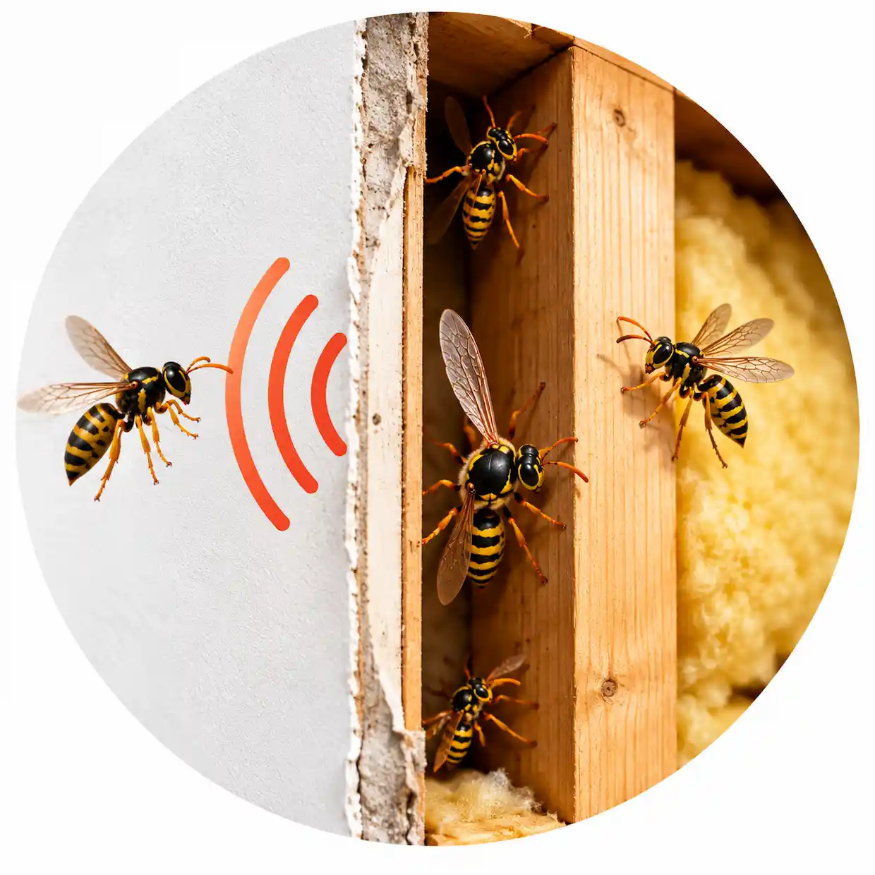 Wasps entering and moving inside a wall cavity near exposed wood framing and insulation, indicating buzzing activity from within the wall.