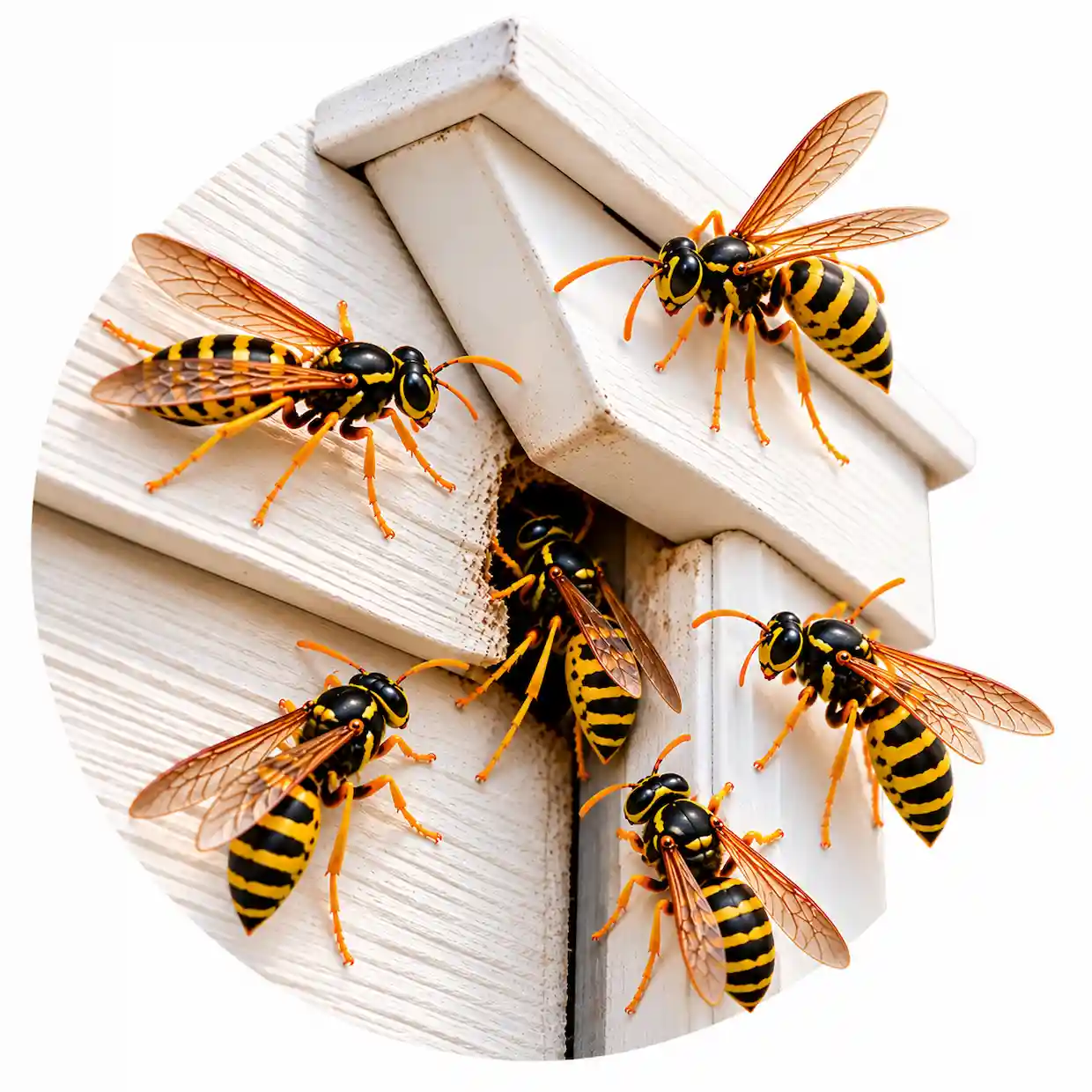Several wasps gathering around a gap beneath exterior house siding, indicating possible nest activity and a potential entry point